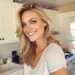 Happy blonde woman with long hair smiling in a modern white kitchen

